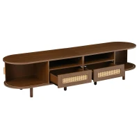 Modern TV Stand with 2 Rattan Drawers and 2 Sliding Doors, Rounded-Corner TV Cabinet with Centre Rattan Panel, 65" L x 15.5" W x 15.5" H, Walnut(m-12)