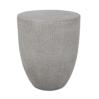 Outdoor Concrete Side Table with Subtly Fluted Cylindrical Base, Boho Fluted Cylindrical Accent with Soft Wave Edge, 14'' L x 14'' W x 17.5'' H, Natural(m-9)