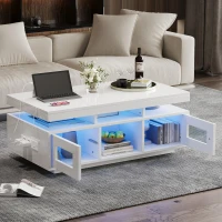 High Gloss Coffee Table with App-Controlled LED Light Strip, Functional Center Table with 2 Soft-Close Acrylic Cabinets, 39.5" L x 19.5" W x 17" H, White(m-1)