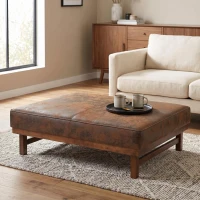 Large Square Ottoman Coffee Table with Upholstered Faux Leather, Versatile Multi‑Use Seating Table with Plush Cushion Top, 48'' L x 27'' W x 15.5'' H, Brown(m-1)