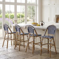 Set of 4 Outdoor Bar Stools with Rust‑Resistant Flat-Wicker construction, Rattan Bar Chairs with Aluminium Frame, 18'' L x 24.5'' W x 45'' H, White+Blue(m-1)