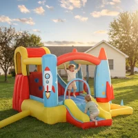 Outsunny Kids Bounce House, 4-in-1 Rocket Inflatable Water Slide Jumping Castle with 2 Slides, Climbing Wall, Trampoline, & Water Pool Area, Air Blower(m-10)