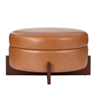 Round Storage Ottoman with Tufted Fabric Upholstery, Multi-Functional Coffee Table with Solid Wood Legs, 32'' L x 32'' W x 17.5'' H, Brown(m-10)