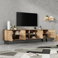 Modern Vintage TV Stand for 65-Inch TV with Perforated Side Doors, Spacious TV Cabinet with 8 Shelves, 39.5" L x 19.5" W x 17" H, Natural(m-5)