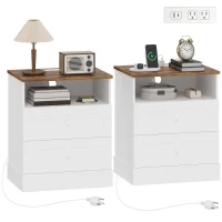 HOMCOM Nightstand with Charging Station 2 Drawers Bedside Table Set of 2 White and Oak(m-12)