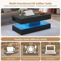 Modern Lift-Up Coffee Table with Bluetooth App-Controlled RGB Lights, Functional Center Table with Hidden Storage, 39.5" L x 19.5" W x 22" H, Black(m-6)