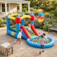 Qaba 4 in 1 Inflatable Bounce House with Slide, Basketball Hoop, Ball Pit, 370W Blower, Storage Bag, 163" x 81" x 75"(m-3)