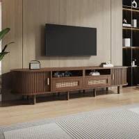 Modern TV Stand with 2 Rattan Drawers and 2 Sliding Doors, Rounded-Corner TV Cabinet with Centre Rattan Panel, 65" L x 15.5" W x 15.5" H, Walnut(m-7)