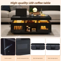 High Gloss Coffee Table with App-Controlled LED Light Strip, Functional Center Table with 2 Soft-Close Acrylic Cabinets, 39.5" L x 19.5" W x 17" H, Black(m-6)