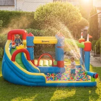 Outsunny 6-in-1 Inflatable Water Slide with Splash Pool, Slide, Climbing Wall, Water Cannon, Inflatable Bounce House for Kids with 2 Min. Inflation(m-11)
