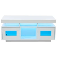 High Gloss Coffee Table with App-Controlled LED Light Strip, Functional Center Table with 2 Soft-Close Acrylic Cabinets, 39.5" L x 19.5" W x 17" H, White(m-2)
