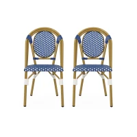 Outdoor Bistro Chairs with Rust-Resistant Aluminium Frame, Flat-Wicker Armless Seats with Polyethylene Rattan, 18.5'' L x 21.5'' W x 34.5'' H, White+Blue(m-2)