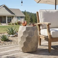 Outdoor Lightweight Concrete Side Table with Subtly Fluted Cylindrical Base, Cylindrical Accent Table with Soft Wave Edge, 14.5'' L x 14.5'' W x 19'' H, Natural(m-1)