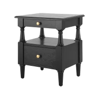 Set of 2 Black Wooden Nightstands with Drawers and Open Shelf, Textured Bedside Tables with Non-Slip Rubber Pads, 19'' L x 15'' W x 22.5'' H, Black(m-2)