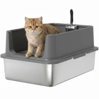 PawHut XL Stainless Steel Cat Litter Box for Big and Multiple Cats with High Wall Side, Scoop, Easy Cleaning & Odor Free(m-13)