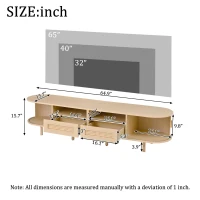 Modern TV Stand with 2 Rattan Drawers and 2 Sliding Doors, Rounded-Corner TV Cabinet with Centre Rattan Panel, 65" L x 15.5" W x 15.5" H, Natural(m-3)