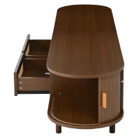 Modern TV Stand with 2 Rattan Drawers and 2 Sliding Doors, Rounded-Corner TV Cabinet with Centre Rattan Panel, 65" L x 15.5" W x 15.5" H, Walnut(m-11)