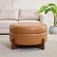 Round Storage Ottoman with Tufted Fabric Upholstery, Multi-Functional Coffee Table with Solid Wood Legs, 32'' L x 32'' W x 17.5'' H, Brown(m-5)