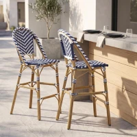 PE Rattan Counter Chairs with Rust‑Resistant Aluminium Frame, Set of 2 Outdoor Barstool with Bamboo‑Print Finish, 18'' L x 24.5'' W x 45.5'' H, White+Blue(m-5)