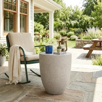 Outdoor Concrete Side Table with Subtly Fluted Cylindrical Base, Boho Fluted Cylindrical Accent with Soft Wave Edge, 14'' L x 14'' W x 17.5'' H, Natural(m-4)