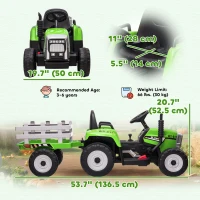 Aosom 12V Kids Ride on Tractor with Trailer, Battery Powered Electric Kids Car with Remote Control, Music Start up Sound and Horn, USB, LED Lights, Green(m-3)