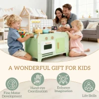 Qaba Kids Kitchen Playset with 15 Accessories, Microwave Oven, Cabinets, for Boys and Girls Ages 3+, Green(m-7)