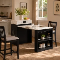Extendable Dining Table with Folding Tabletop, Multi-Functional Kitchen Island with Drawers, 57.5" L x 32.5" W x 38" H, Black+White Marble(m-1)