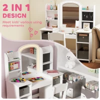 Qaba Kids Vanity Table and Chair, Toddler Dressing Table and Chair Set with Lighted Mirror for Little Girls, White(m-4)