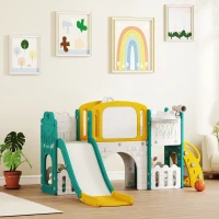 Qaba 7 in 1 Toddler Slide with Basketball Hoop, Climbing Frame, Telescope, Drawing Board, Storage Box for Ages 1-3, Yellow(m-8)