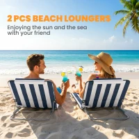 Outsunny 2 Pieces Beach Lounge Chair, Outdoor Folding Chaise Lounge Set w/ Pillow for Sunbath, Snap, Blue and White(m-4)