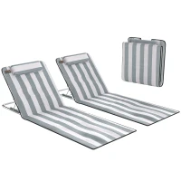 Outsunny 2 Pieces Beach Lounge Chair, Outdoor Folding Chaise Lounge Set w/ Pillow for Sunbath, Snap, Light Grey and White(m-13)
