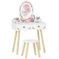 Qaba Kids Vanity Set with Mirror, Stool, 3-Colour LED Lights, Girls Dressing Table Pretend Play for Kids Room, Pink(m-9)