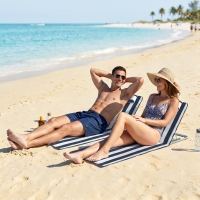 Outsunny 2 Pieces Beach Lounge Chair, Outdoor Folding Chaise Lounge Set w/ Pillow for Sunbath, Snap, Blue and White