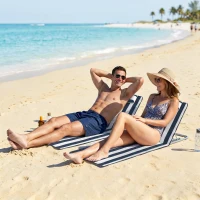 Outsunny 2 Pieces Beach Lounge Chair, Outdoor Folding Chaise Lounge Set w/ Pillow for Sunbath, Snap, Blue and White(m-1)