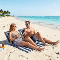 Outsunny 2 Pieces Beach Lounge Chair, Outdoor Folding Chaise Lounge Set w/ Pillow for Sunbath, Snap, Blue and White(m-8)