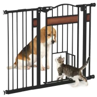 PawHut 29.1''-41.3'' Extra Wide Dog Gate with Cat Door, Stair Pressure Fit, Auto Close, Double Locking, for Doorways, Hallways(m-13)