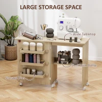 HOMCOM Sewing Machine Cabinet, Folding Sewing Table with Storage Shelf, Bins and Lockable Wheels for Small Space, Nature Wood(m-5)