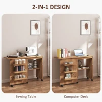 HOMCOM Sewing Machine Cabinet, Folding Sewing Table with Storage Shelf, Bins and Lockable Wheels for Small Space, Brown(m-6)