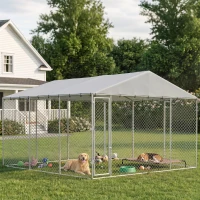 PawHut 13.1' x 13.1' x 6.6' Outdoor Dog Kennel Heavy Duty Galvanized Steel Chain Link with UV-resistant Roof, Silver(m-1)