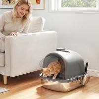 PawHut Enclosed Stainless Steel Litter Box, Metal Cat Litter Box with Scoop, Deodorizer Bag, Handle, Easy to Clean(m-1)
