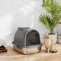 PawHut Enclosed Stainless Steel Litter Box, Metal Cat Litter Box with Scoop, Deodorizer Bag, Handle, Easy to Clean(m-8)