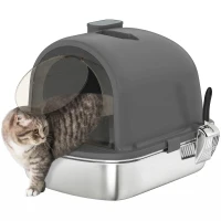 PawHut Enclosed Stainless Steel Litter Box, Metal Cat Litter Box with Scoop, Deodorizer Bag, Handle, Easy to Clean(m-13)