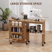 HOMCOM Sewing Machine Cabinet, Folding Sewing Table with Storage Shelf, Bins and Lockable Wheels for Small Space, Brown(m-5)
