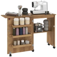HOMCOM Sewing Machine Cabinet, Folding Sewing Table with Storage Shelf, Bins and Lockable Wheels for Small Space, Brown(m-9)