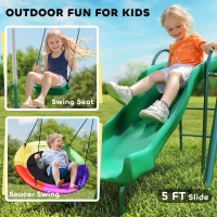 Qaba Metal Swing Set with Slide, Saucer Swing Seat, Heavy Duty A-Frame Stand and Adjustable Rope for Backyard, Dark Green(m-4)
