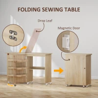 HOMCOM Sewing Machine Cabinet, Folding Sewing Table with Storage Shelf, Bins and Lockable Wheels for Small Space, Nature Wood(m-4)