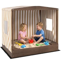 Qaba Kids Sandbox with Full Covered Canopy, Bench Seats, Bottom Liner, for Ages 3-6, 56" x 40" x 52", Brown(m-9)