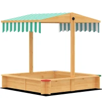 Outsunny Wooden Sandbox with Cover, Kids Sandbox Outdoor with Adjustable Canopy and Seats for Backyard, Beach, Light Brown(m-2)