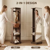 HOMCOM 15" x 62" Full Length Mirror, Tempered Glass Floor Mirror on Wheels with Storage Shelves, Coat Hangers, Brown Wood Grain(m-4)