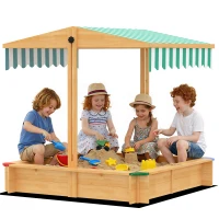 Outsunny Wooden Sandbox with Cover, Kids Sandbox Outdoor with Adjustable Canopy and Seats for Backyard, Beach, Light Brown(m-9)